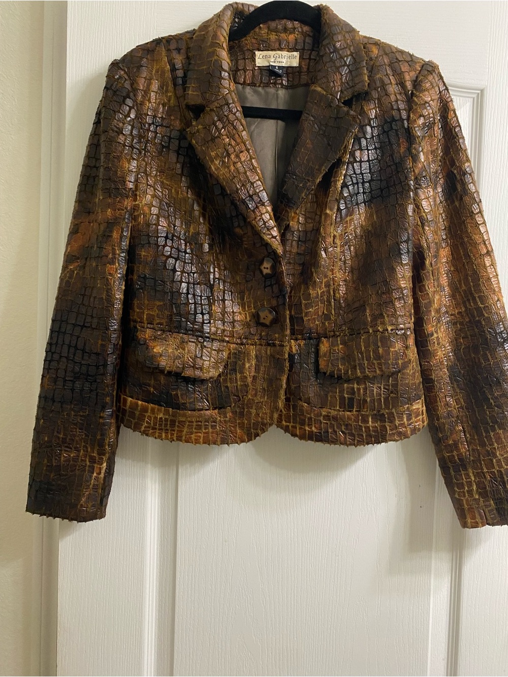 Lena Gabrielle Faux Leather Croc/Python Exotic Embossed Edgy Blazer Jacket Sz 6 - Picture 2 of 16